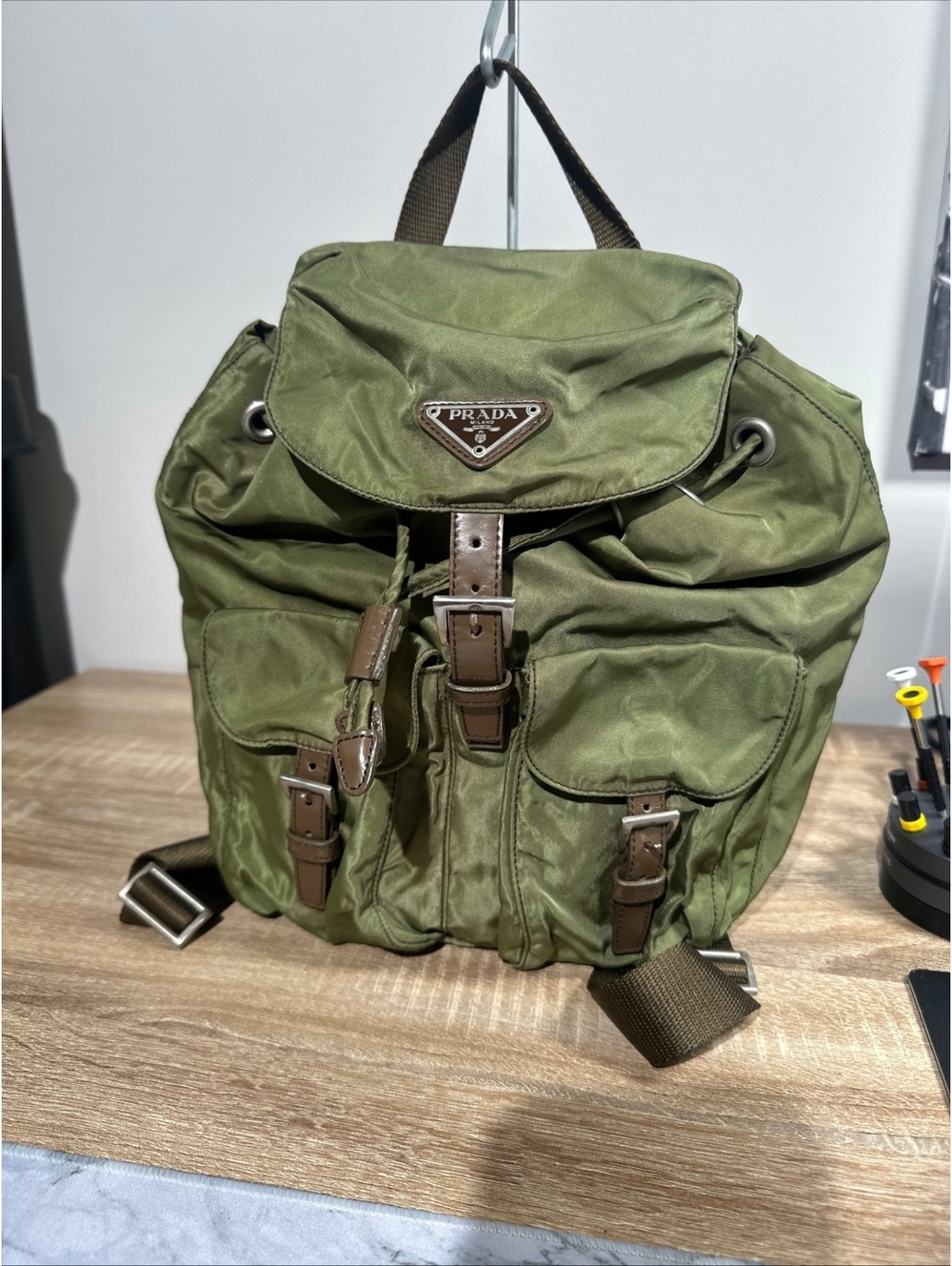 Vintage Prada Tessuto Nylon Backpack Olive Green Brown Leather Trim Drawstring